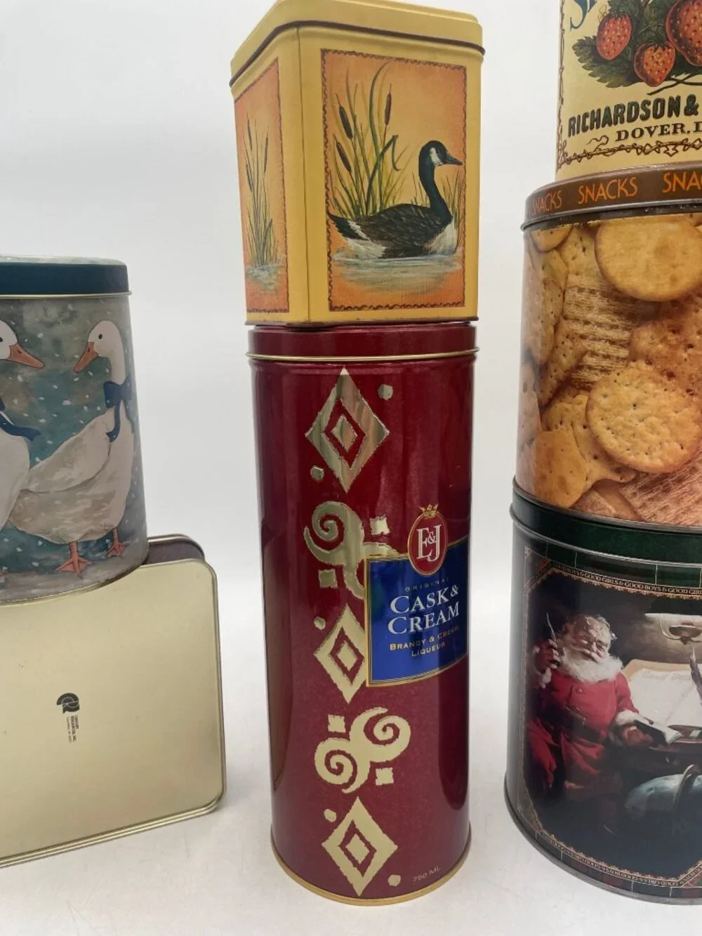 Lot of 7 Decorative Vintage Tin Containers Advertising Snack And Holiday Themes